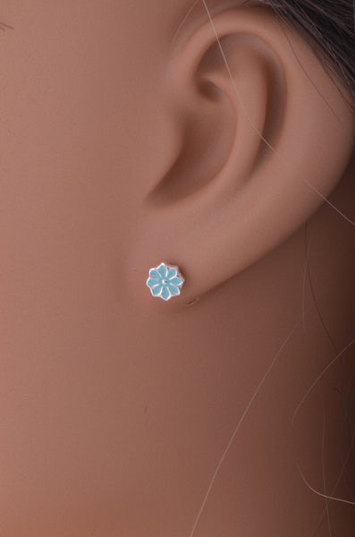 Sterling Silver Ladies Small Blue Hindu Lotus Flower Stud Earrings