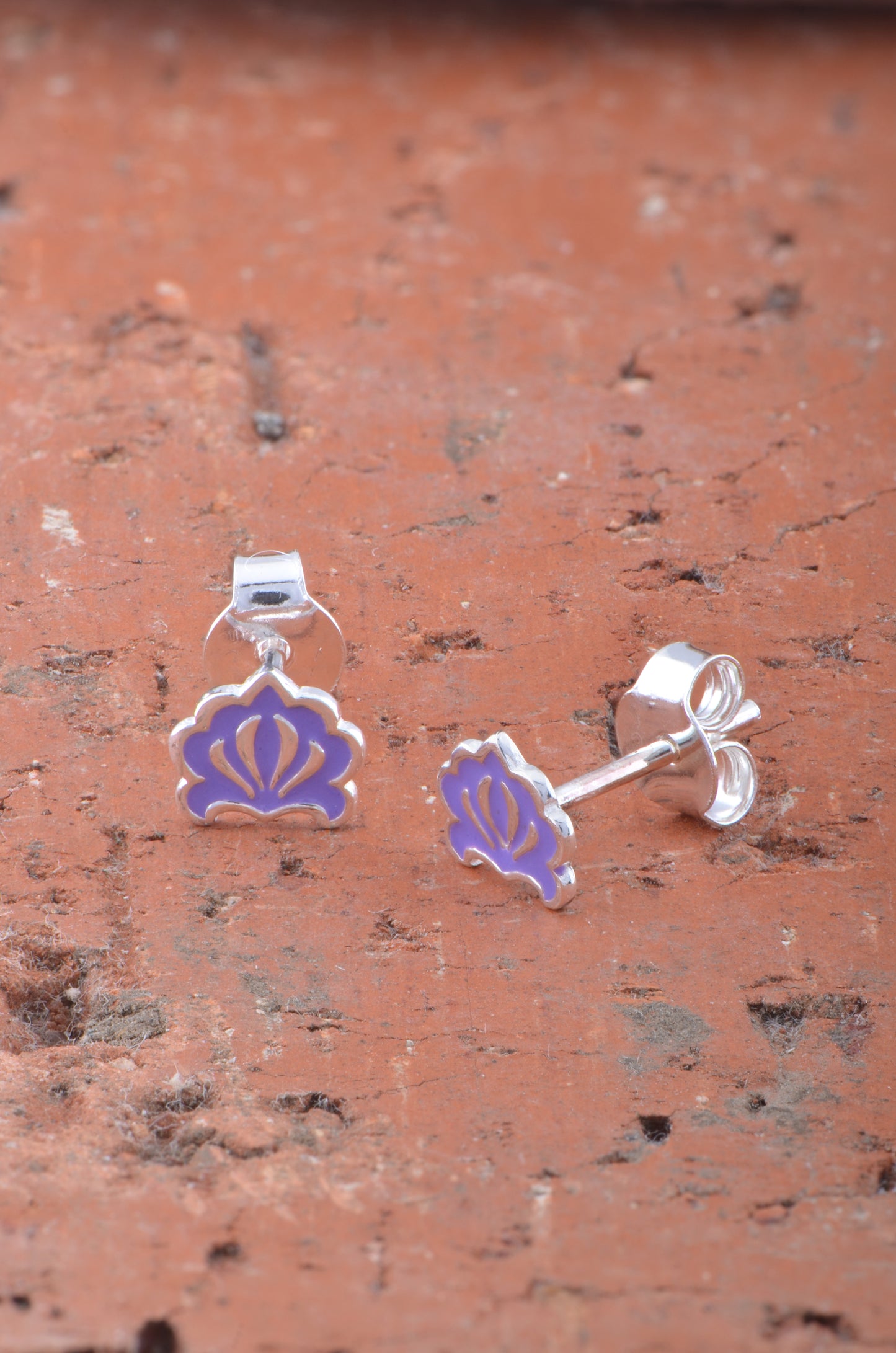 Sterling Silver GIrls Hindu Purple Lotus Flower Stud Earrings