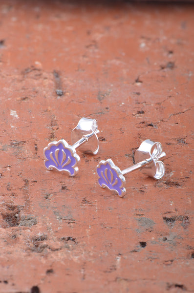 Sterling Silver GIrls Hindu Purple Lotus Flower Stud Earrings