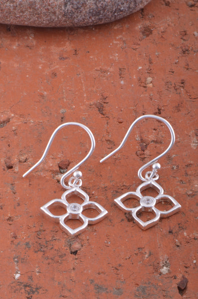 Sterling Silver Womens Dainty Cz Flower BoHo Drop Earrings