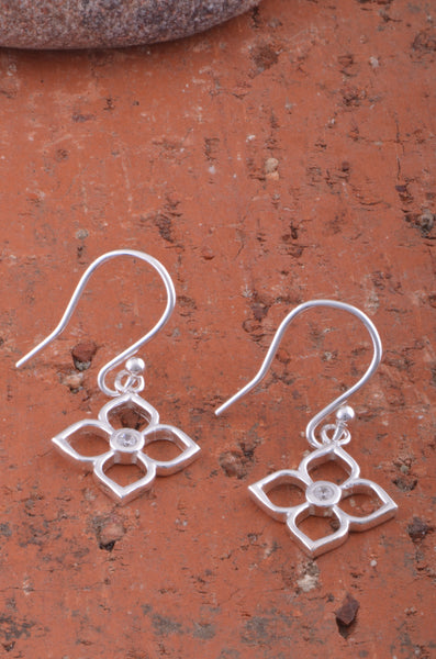 Sterling Silver Womens Dainty Cz Flower BoHo Drop Earrings