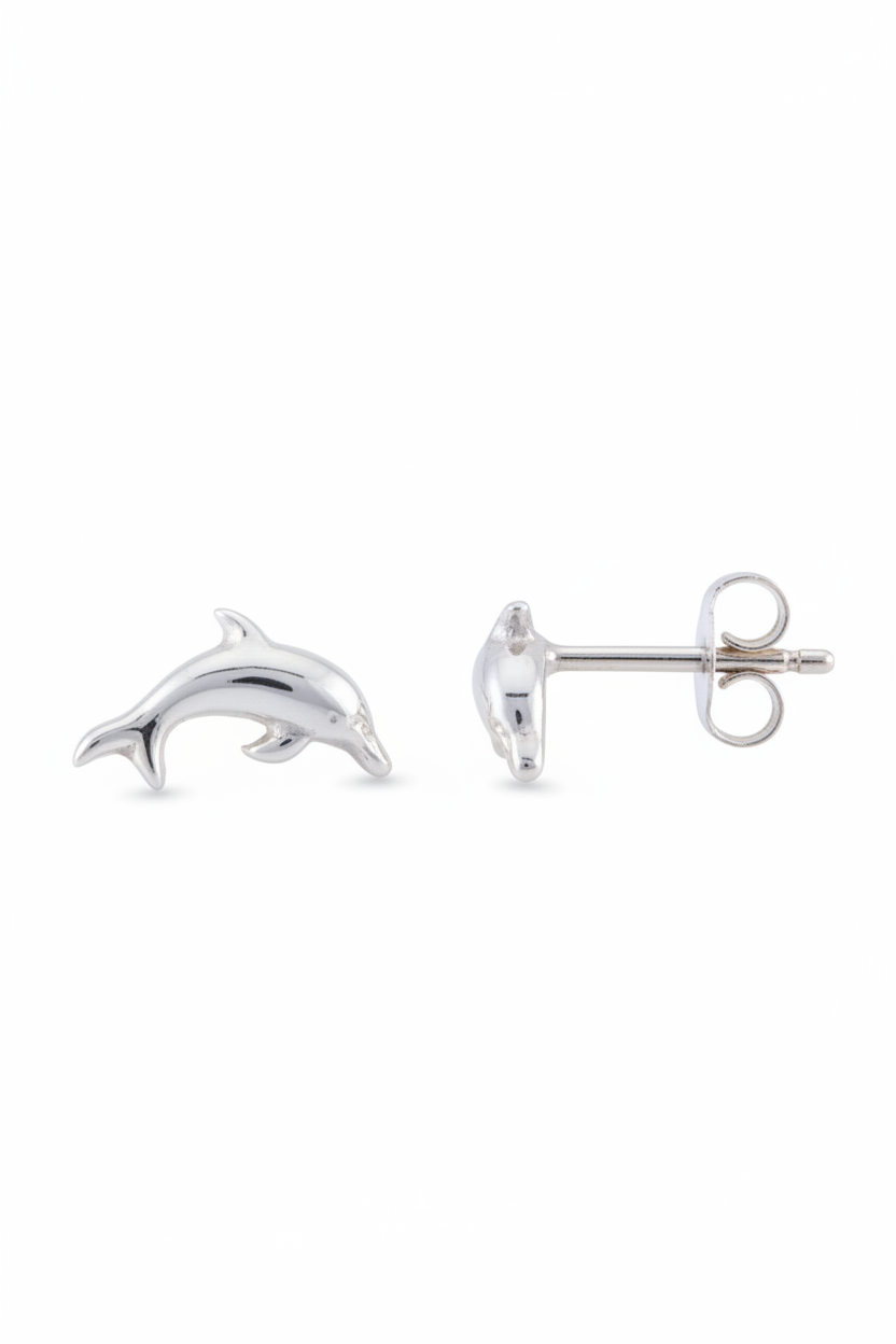 Sterling Silver GIrls Dainty Jumping Dolphin Stud Earrings
