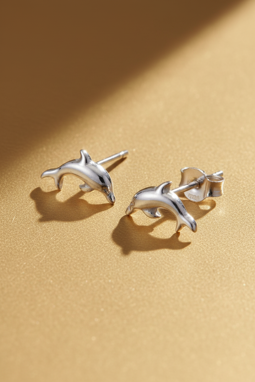 Sterling Silver GIrls Dainty Jumping Dolphin Stud Earrings