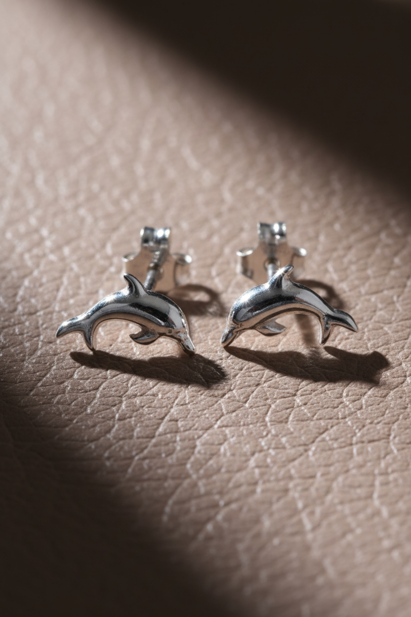 Sterling Silver GIrls Dainty Jumping Dolphin Stud Earrings