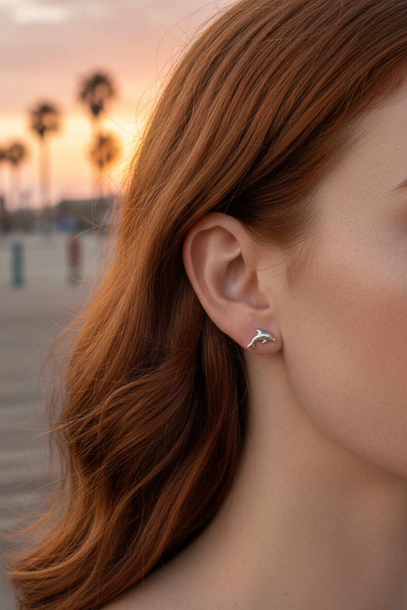 Sterling Silver GIrls Dainty Jumping Dolphin Stud Earrings