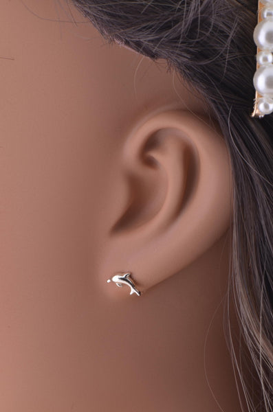 Sterling Silver GIrls Dainty Jumping Dolphin Stud Earrings