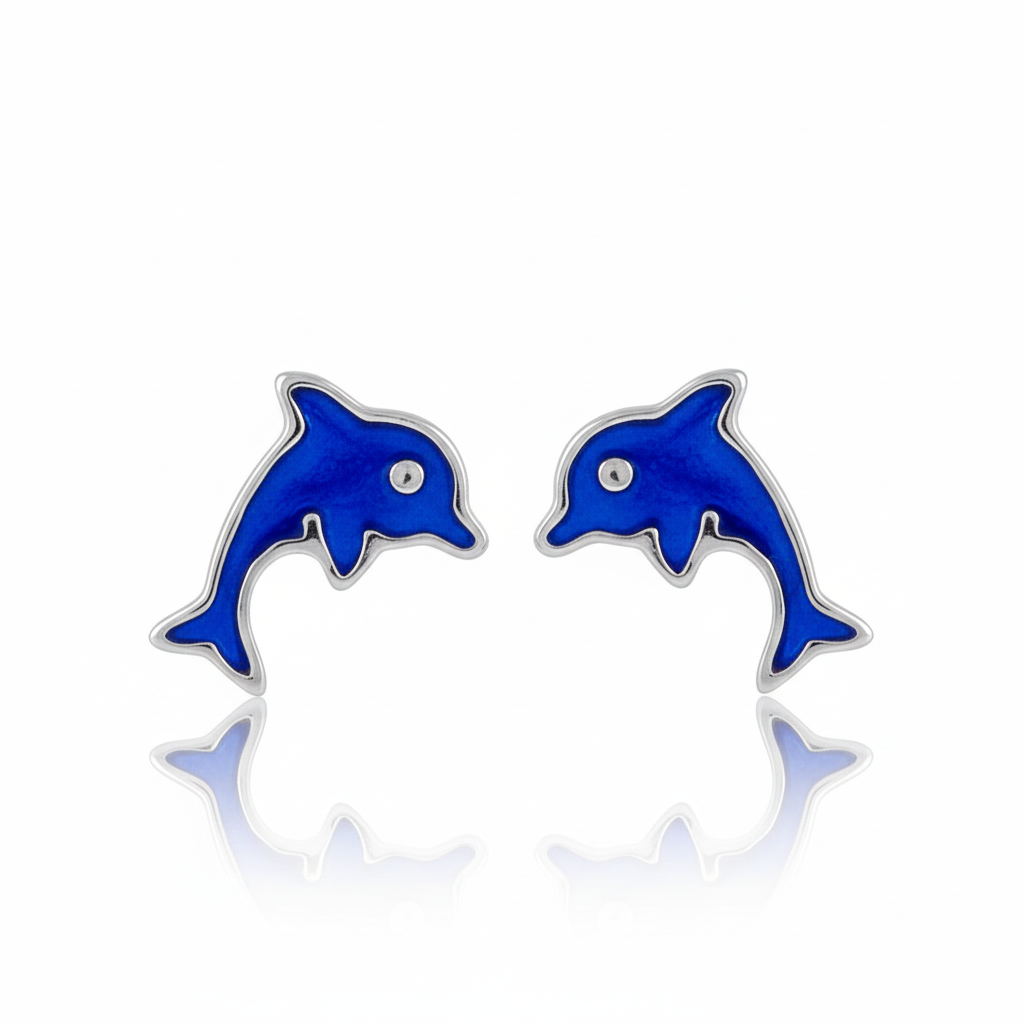 Sterling Silver Girls Blue Enamel Dainty Dolphin Stud Earrings, 9mm