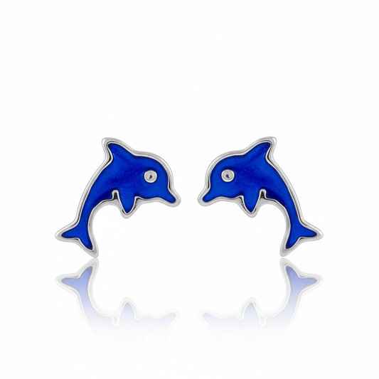 Sterling Silver Girls Blue Enamel Dainty Dolphin Stud Earrings, 9mm