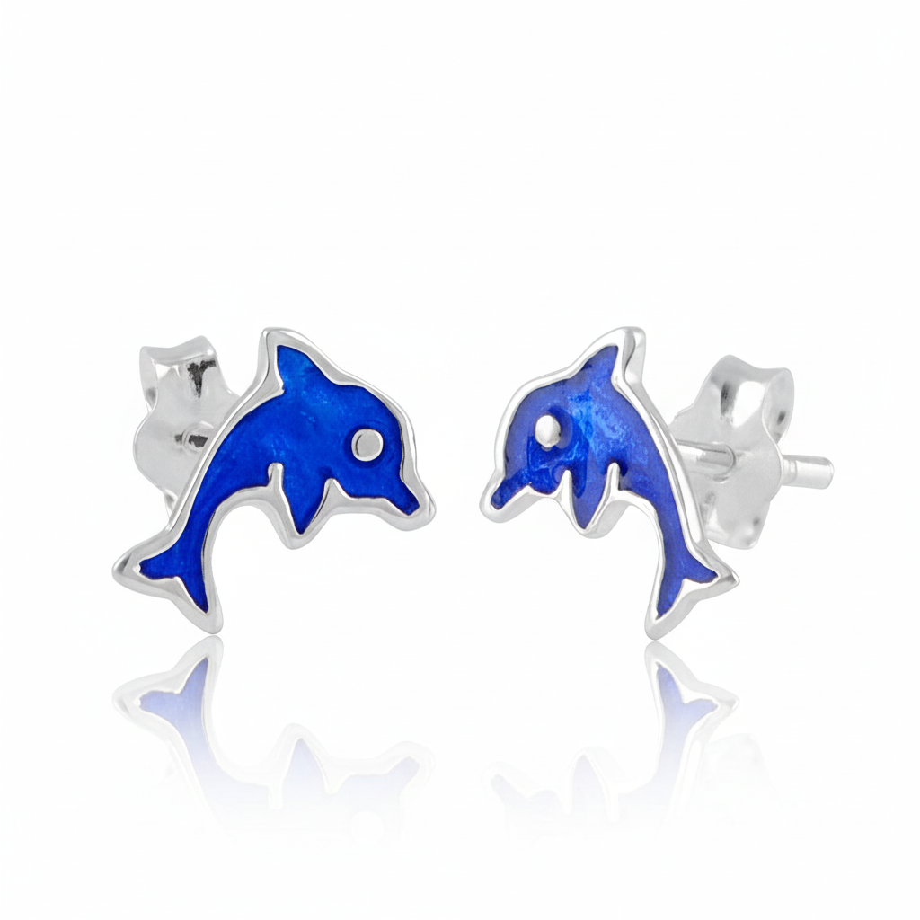 Sterling Silver Girls Blue Enamel Dainty Dolphin Stud Earrings, 9mm