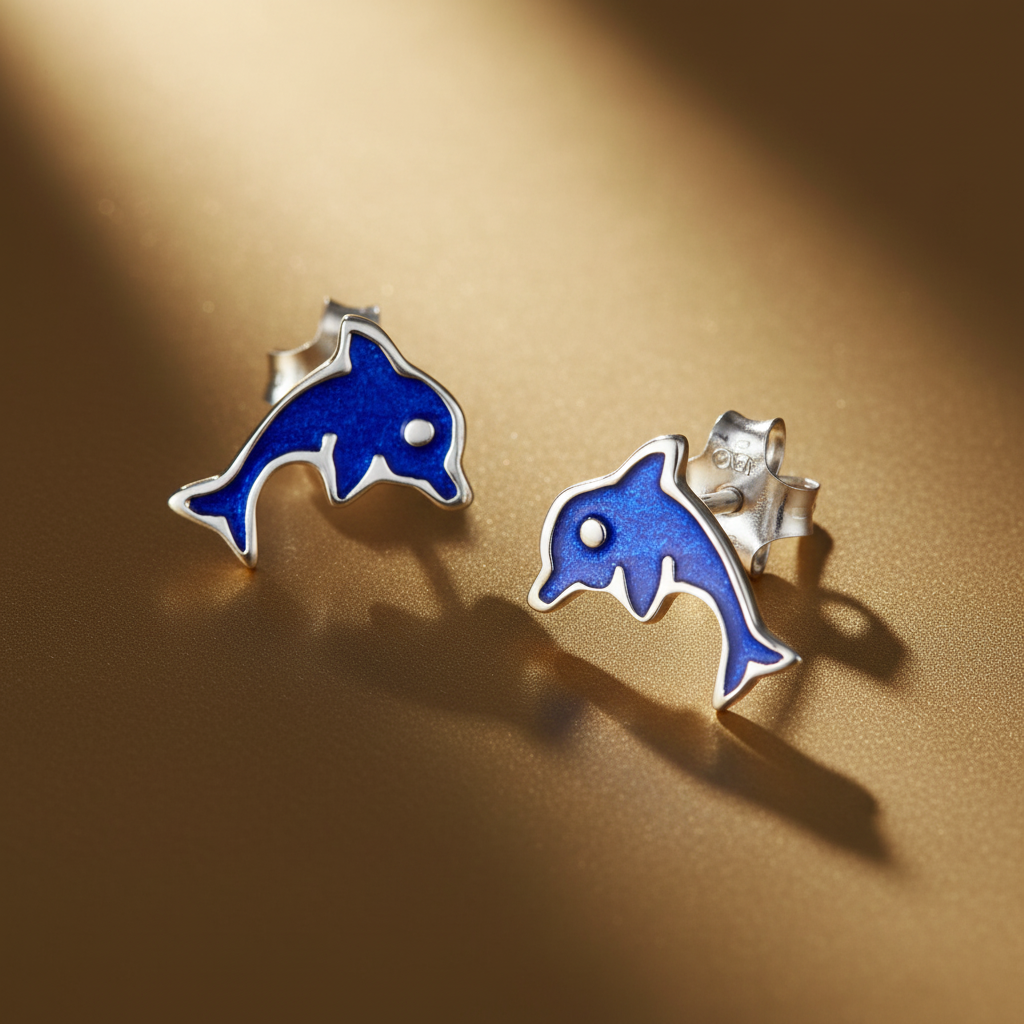 Sterling Silver Girls Blue Enamel Dainty Dolphin Stud Earrings, 9mm