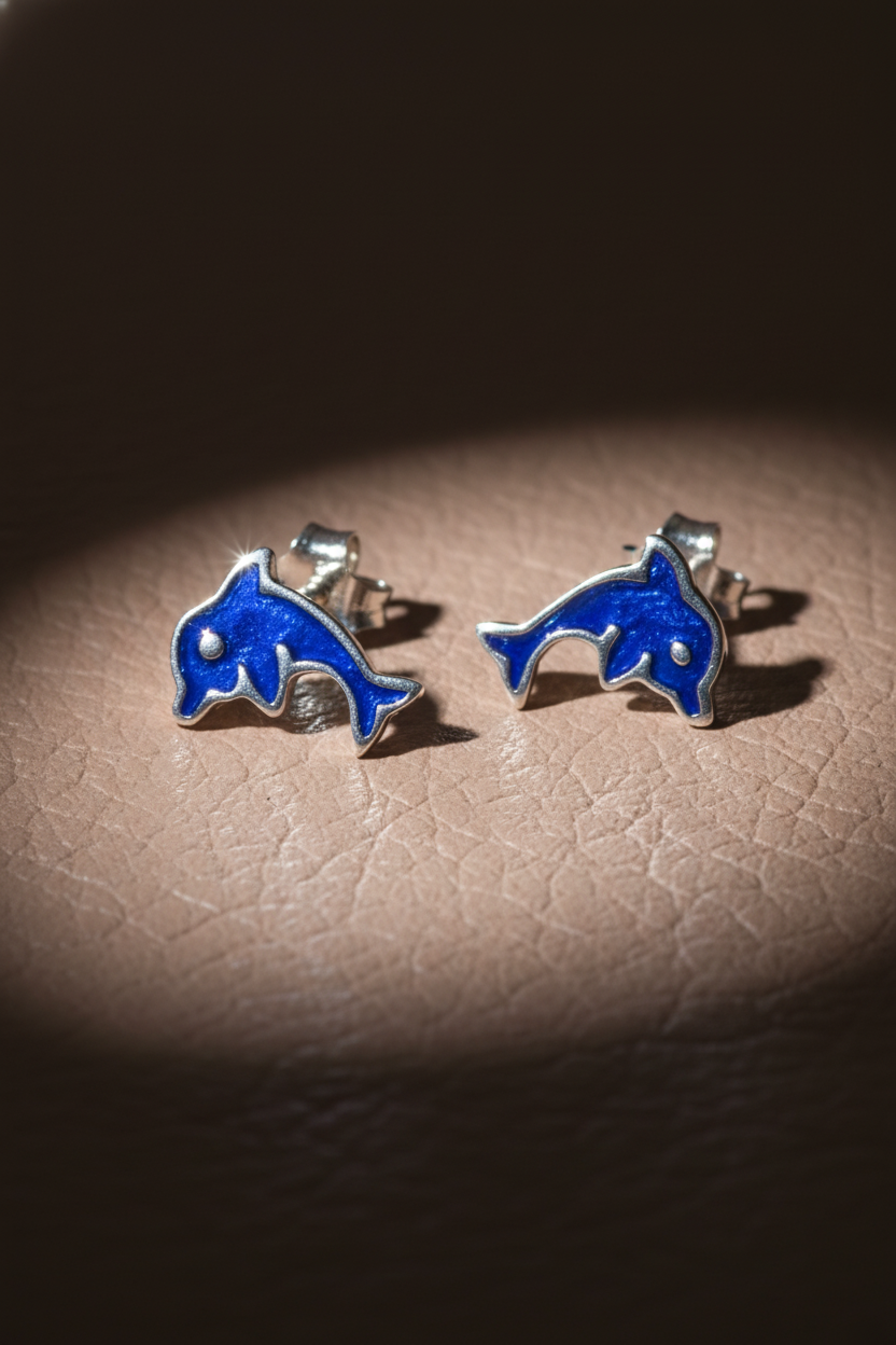 Sterling Silver Girls Blue Enamel Dainty Dolphin Stud Earrings, 9mm