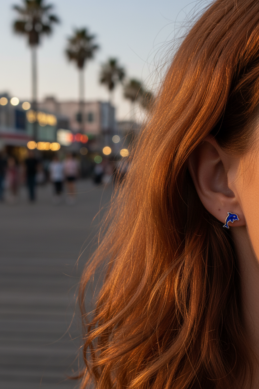 Sterling Silver Girls Blue Enamel Dainty Dolphin Stud Earrings, 9mm