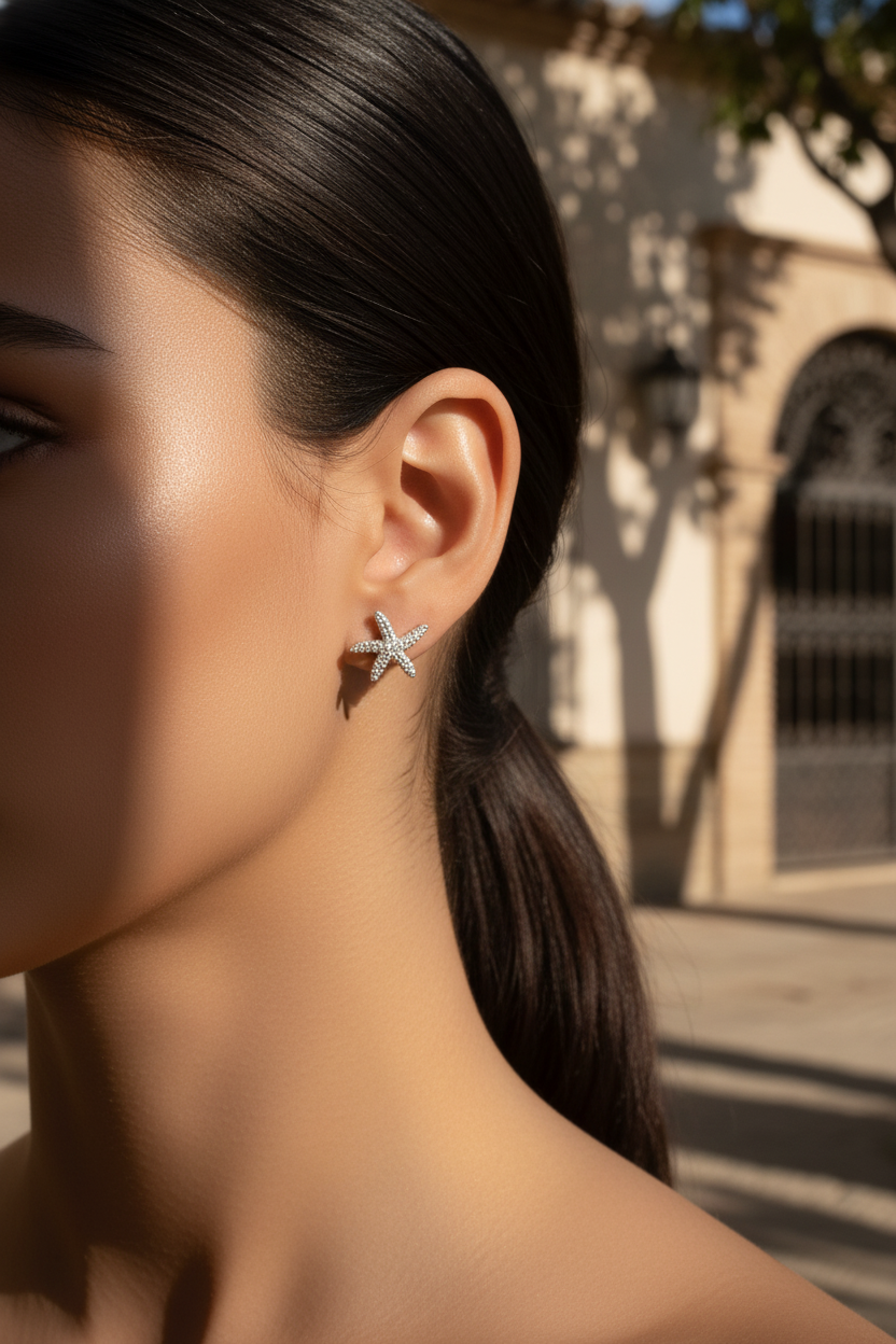 Sterling Silver Women's Elegant Tropical Starfish Stud Earrings