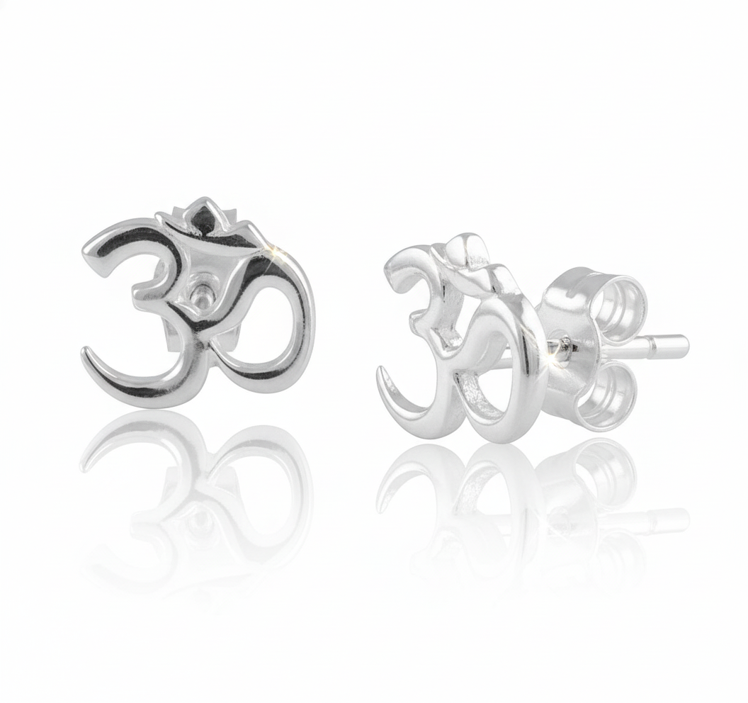 Sterling Silver Women's Dainty Hindu Om Symbol Stud Earrings | SilverCloseOut