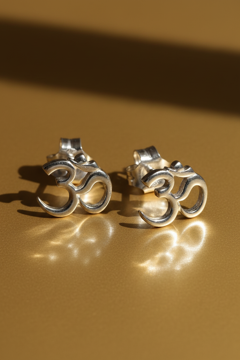 Sterling Silver Women's Dainty Hindu Om Symbol Stud Earrings | SilverCloseOut