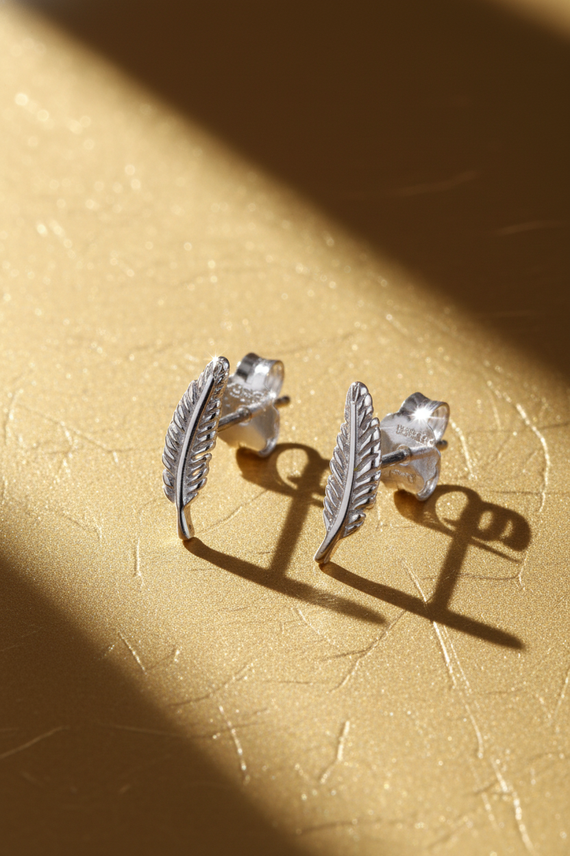 Sterling Silver Girls Dainty Feather Stud Earrings - Second stud earrings