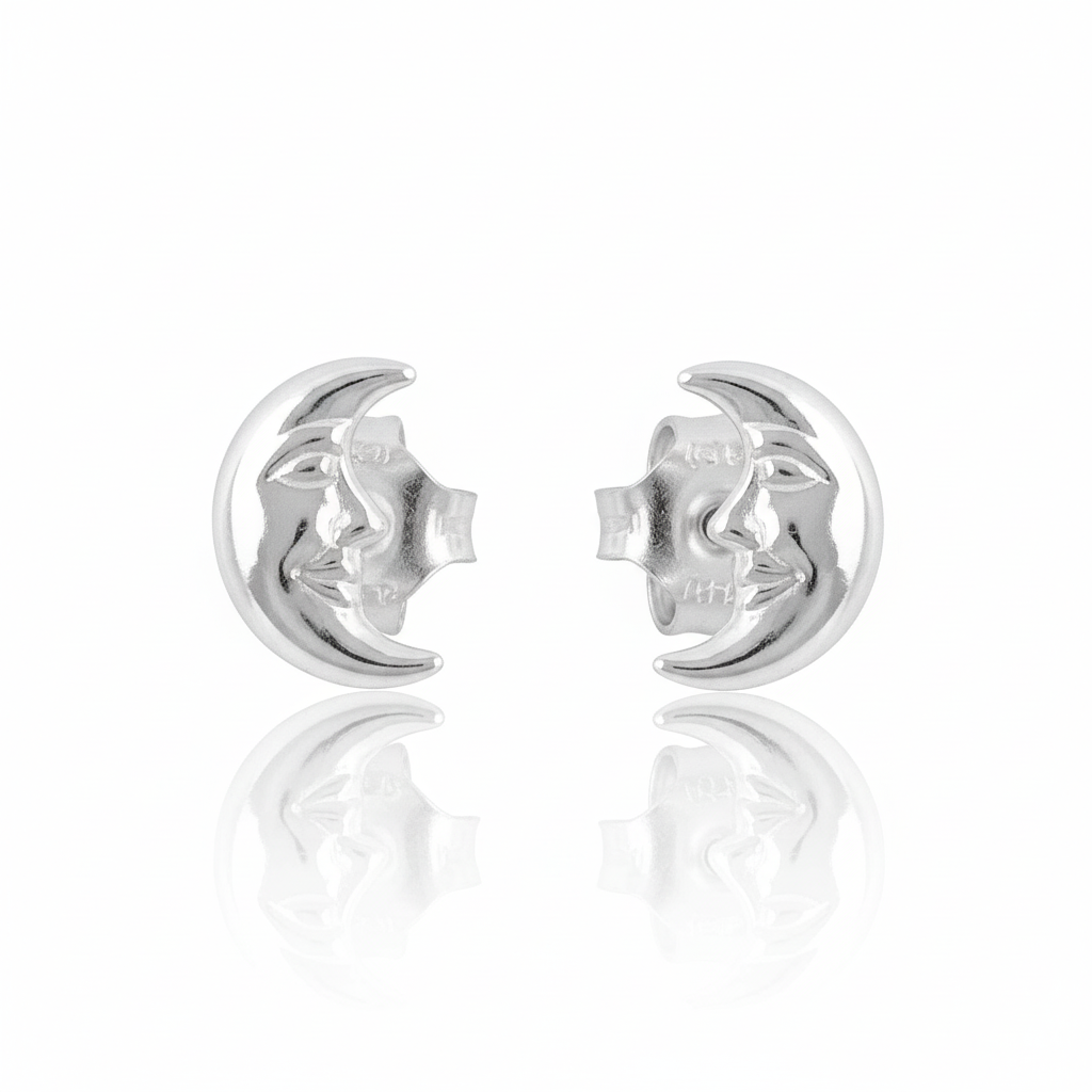 Sterling Silver Ladies Dainty Smiling Crescent Moon Stud Earrings