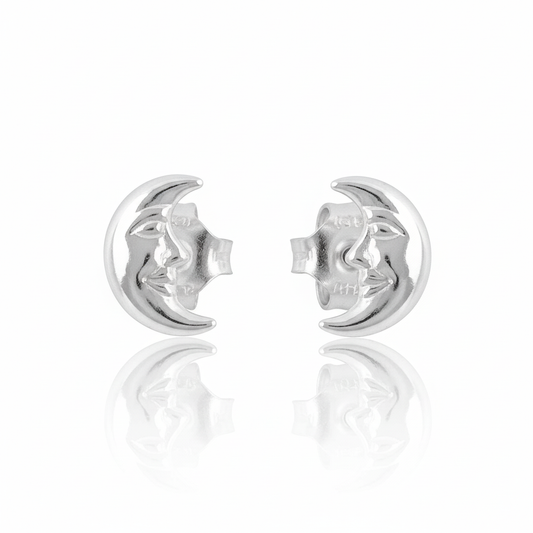 Sterling Silver Ladies Dainty Smiling Crescent Moon Stud Earrings