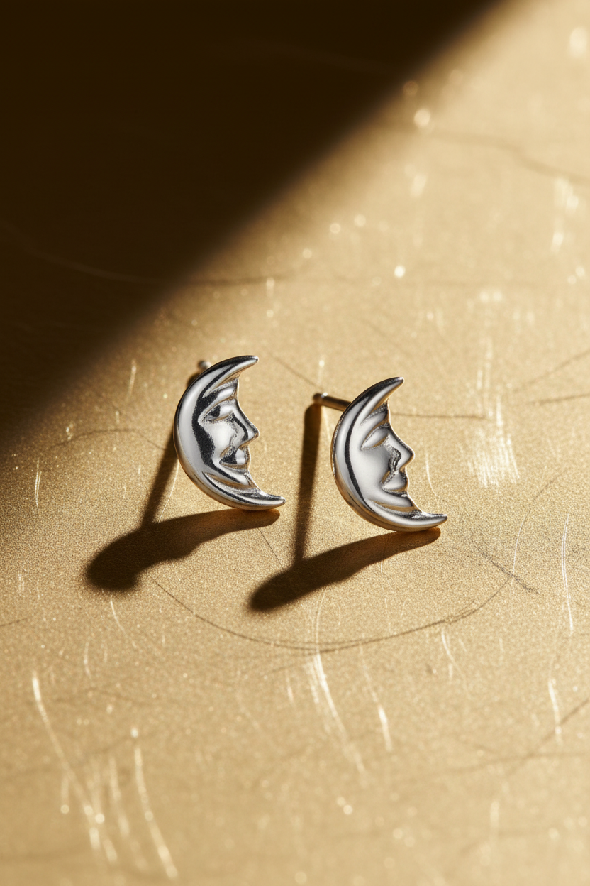 Sterling Silver Ladies Dainty Smiling Crescent Moon Stud Earrings