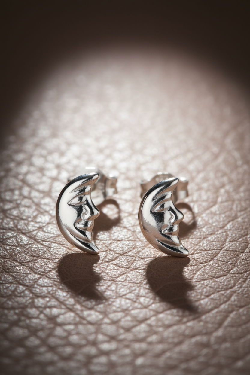 Sterling Silver Ladies Dainty Smiling Crescent Moon Stud Earrings