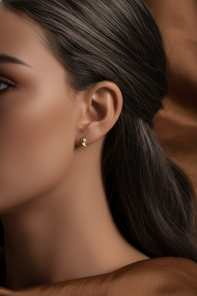 Sterling Silver Ladies Dainty Smiling Crescent Moon Stud Earrings