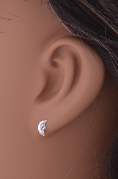 Sterling Silver Ladies Dainty Smiling Crescent Moon Stud Earrings