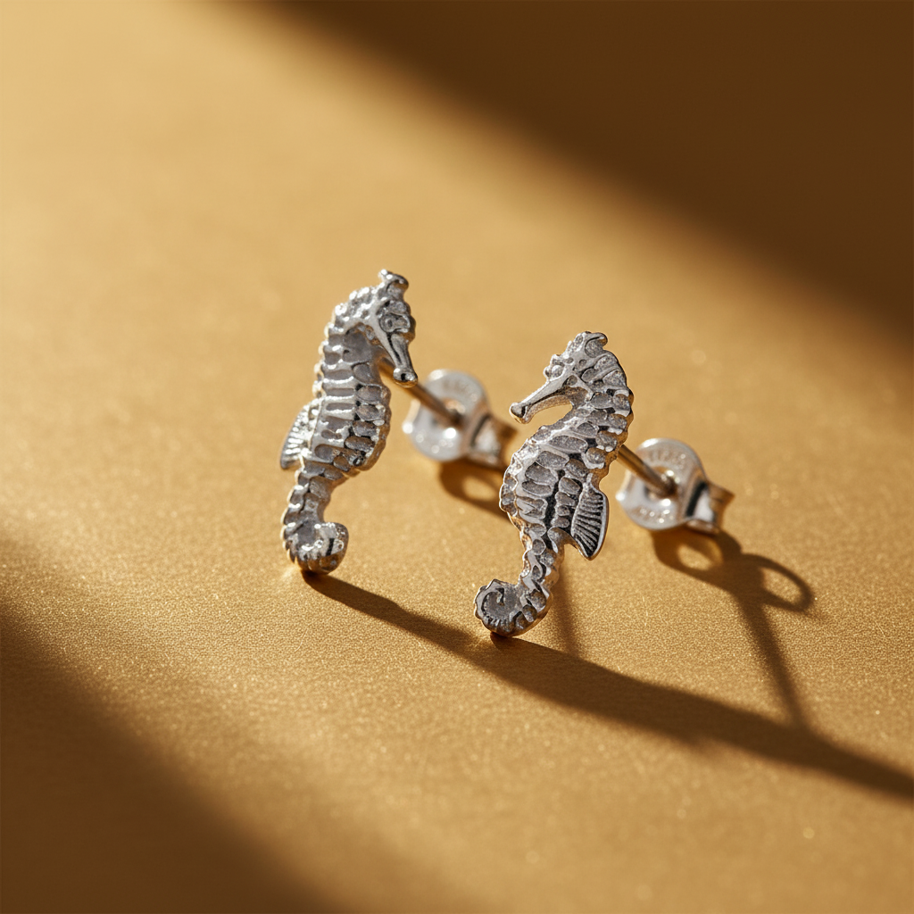 Sterling Silver Girls Dainty Tropical SeaHorse Stud Earrings