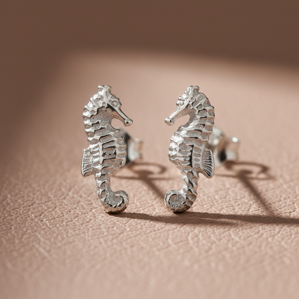 Sterling Silver Girls Dainty Tropical SeaHorse Stud Earrings