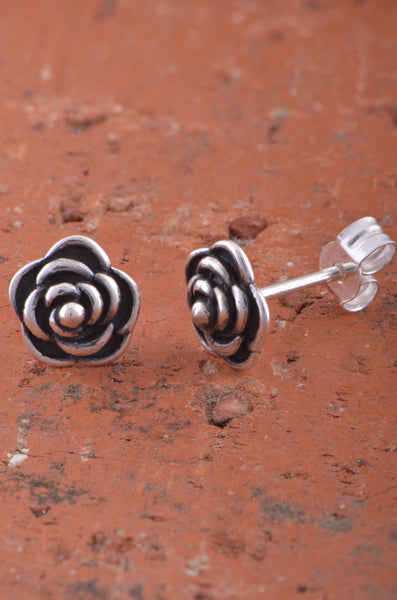 Sterling Silver Dainty Womens Rose Flower Stud Earrings