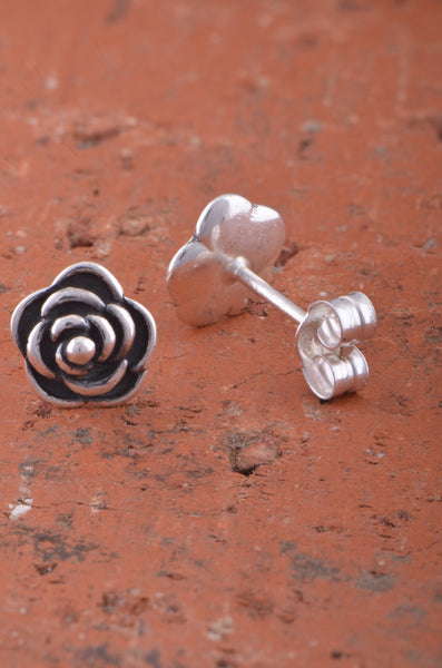 Sterling Silver Dainty Womens Rose Flower Stud Earrings