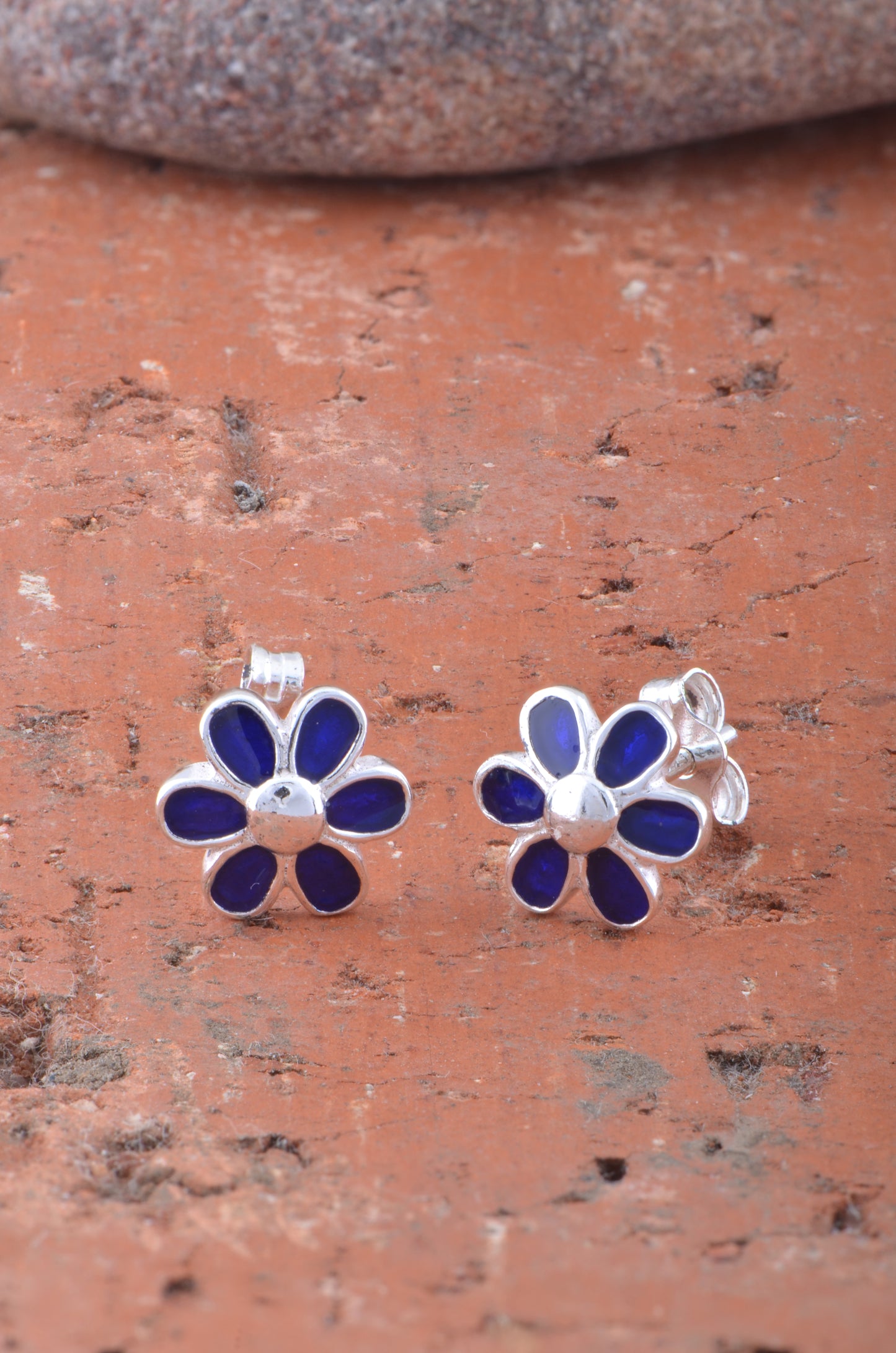 Sterling Silver Girls Dainty Blue Daisy Flower Stud Earrings