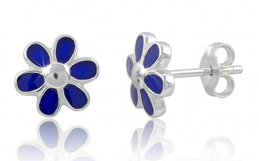 Sterling Silver Girls Dainty Blue Daisy Flower Stud Earrings