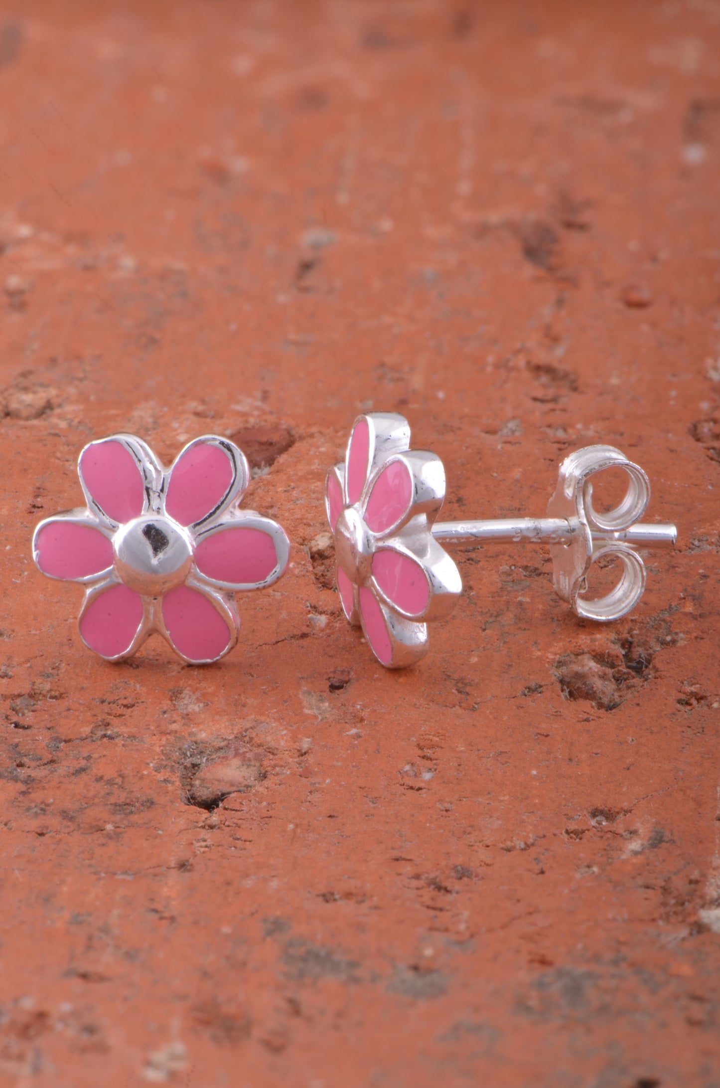 Sterling Silver Dainty Womens Pink Daisy Flower Stud Earrings