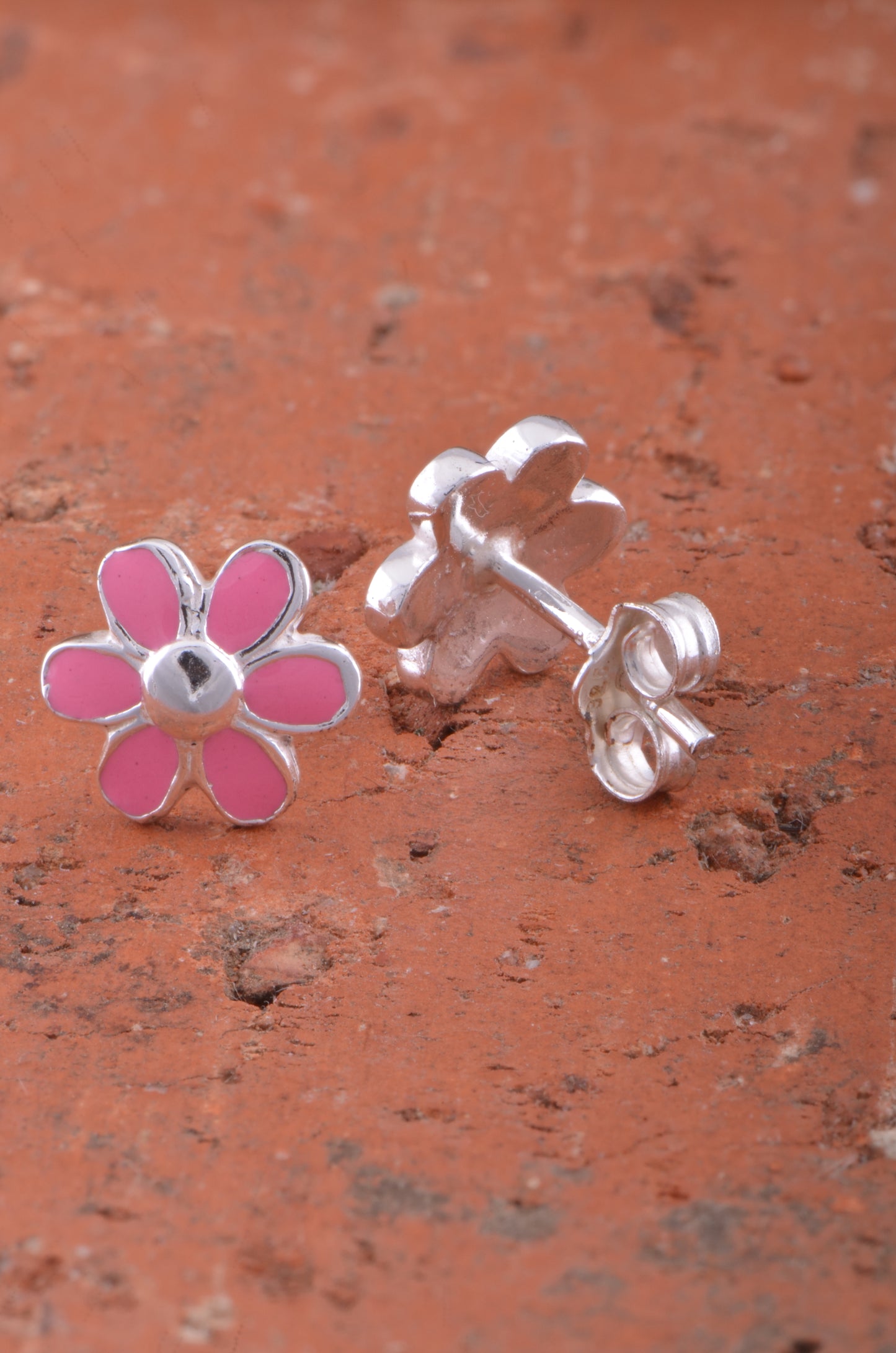 Sterling Silver Dainty Womens Pink Daisy Flower Stud Earrings
