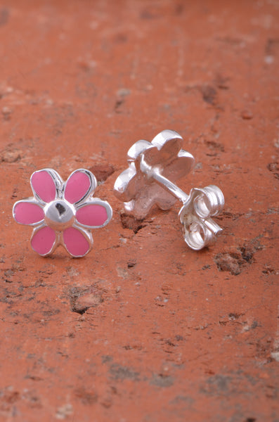 Sterling Silver Dainty Womens Pink Daisy Flower Stud Earrings