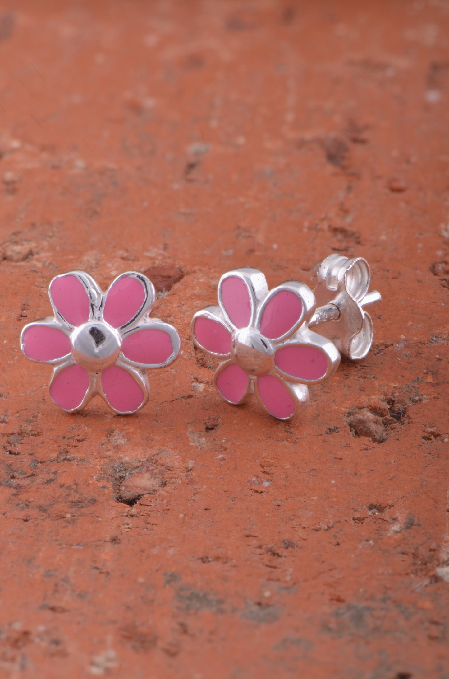 Sterling Silver Dainty Womens Pink Daisy Flower Stud Earrings