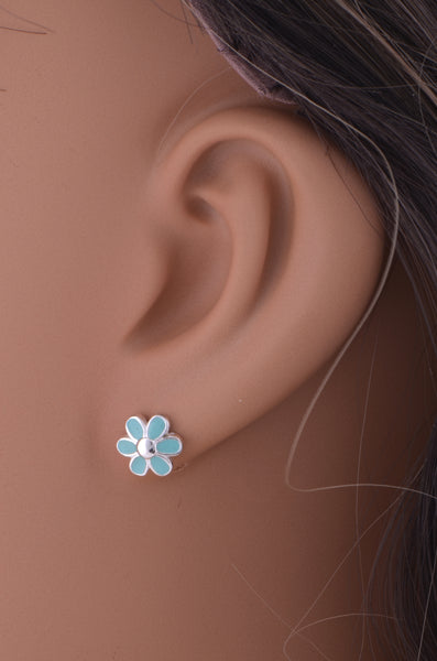 Sterling Silver Girls Dainty Light Blue Daisy Flower Stud Earrings