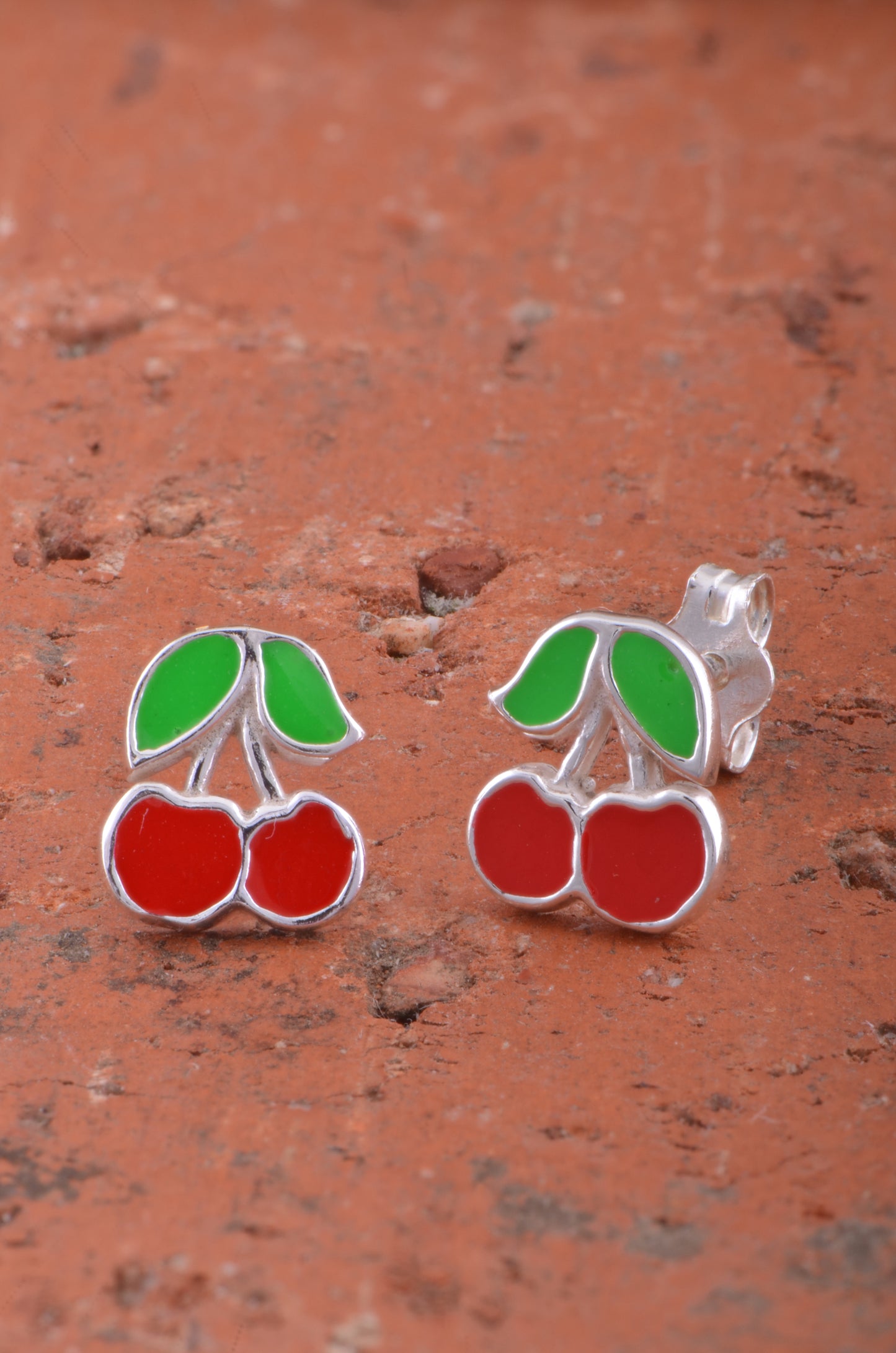 Sterling Silver Womens Dainty Lucky Cherry Stud Earrings - 8mm
