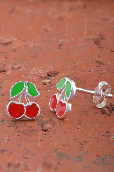 Sterling Silver Womens Dainty Lucky Cherry Stud Earrings - 8mm