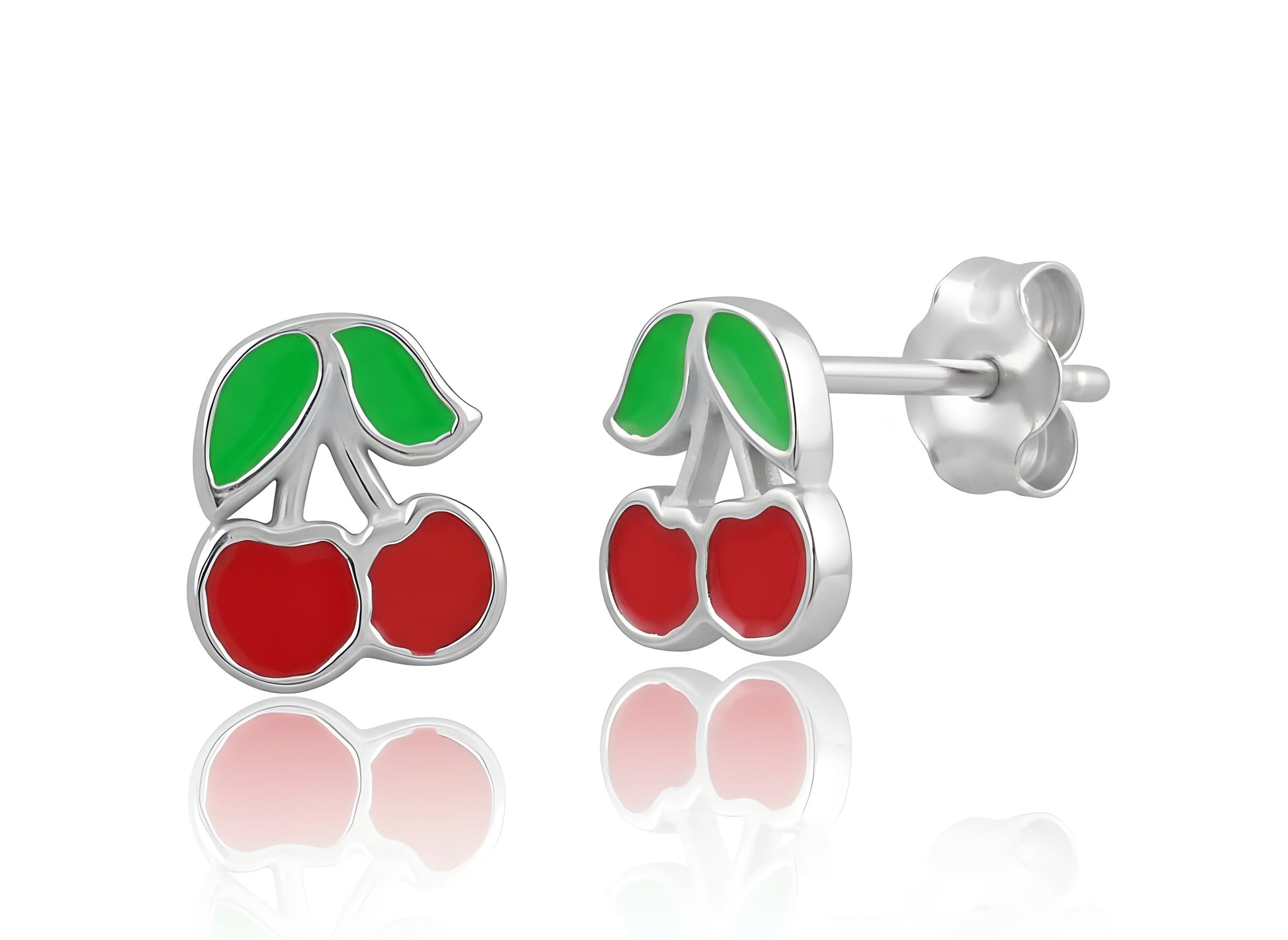 Sterling Silver Women's Dainty Lucky Cherry Stud Earrings, 8mm