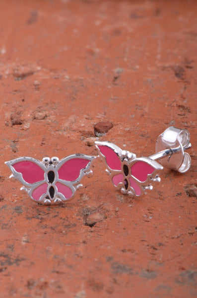 Sterling Silver Womens Pink Enamel Butterfly Stud Earrings