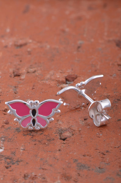 Sterling Silver Womens Pink Enamel Butterfly Stud Earrings