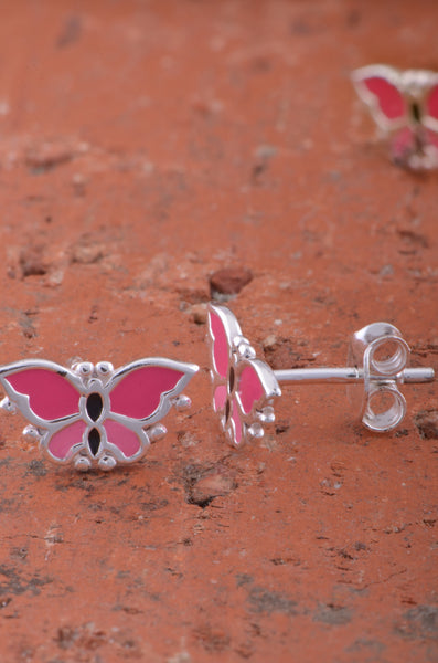 Sterling Silver Womens Pink Enamel Butterfly Stud Earrings