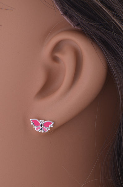 Sterling Silver Womens Pink Enamel Butterfly Stud Earrings