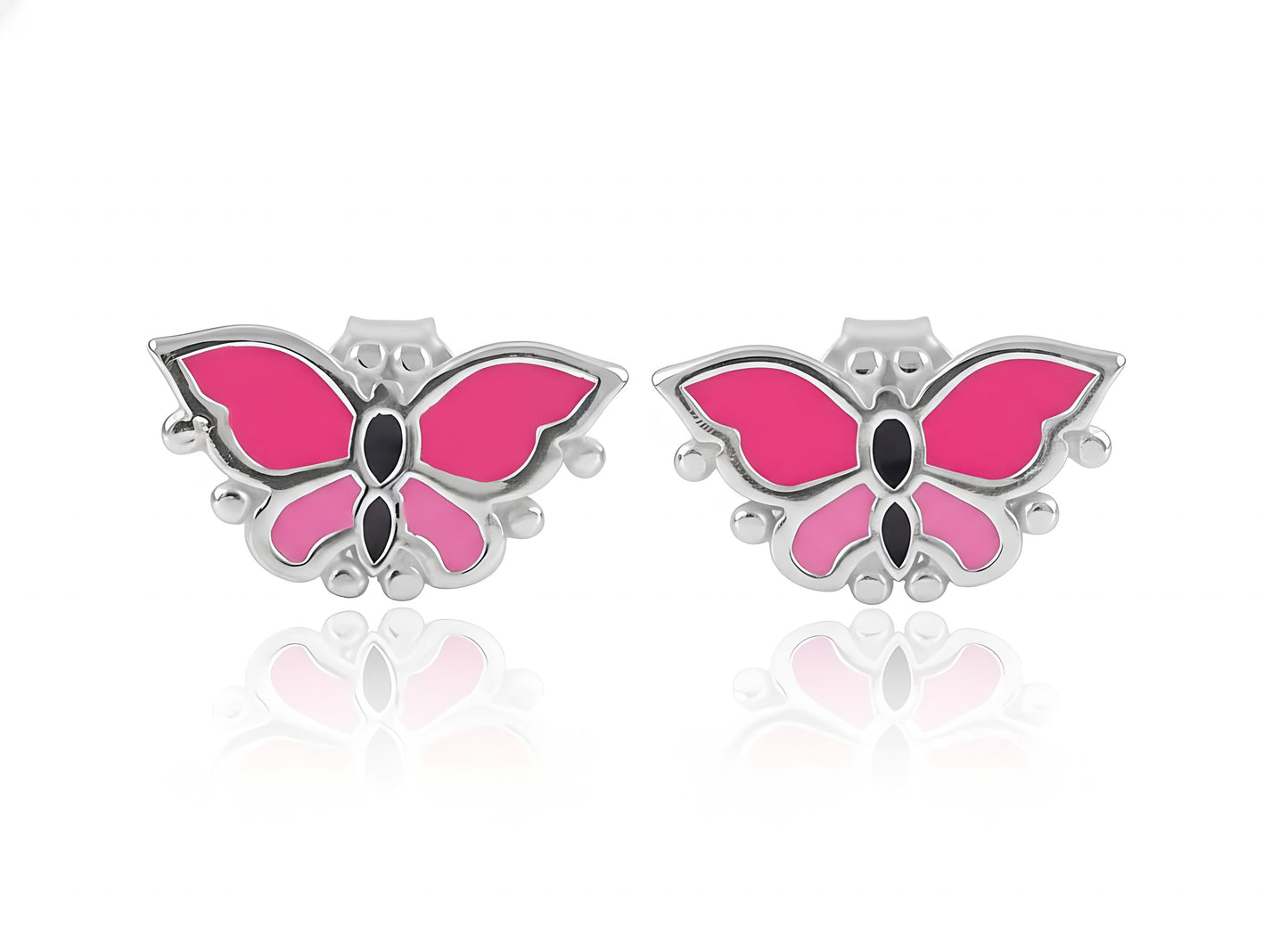 Sterling Silver Women's Pink Enamel Butterfly Stud Earrings