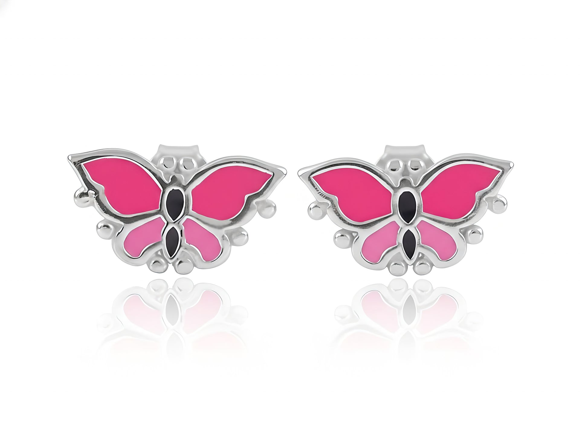 Sterling Silver Women's Pink Enamel Butterfly Stud Earrings