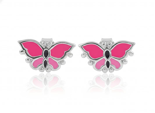 Sterling Silver Women's Pink Enamel Butterfly Stud Earrings