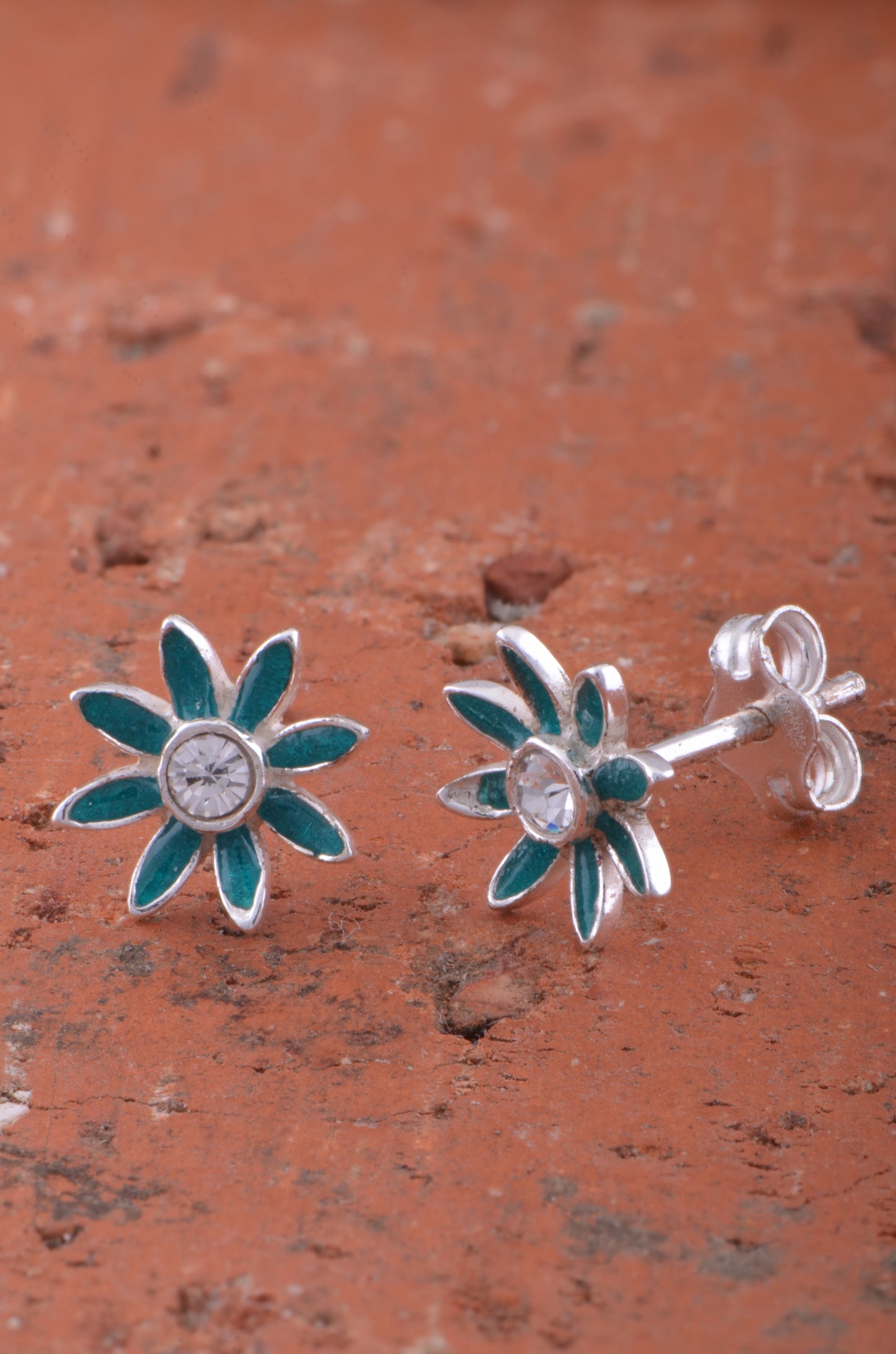 Sterling Silver Dainty Girls  Blue Carnation Flower Stud Earrings