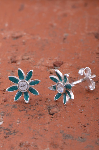Sterling Silver Dainty Girls  Blue Carnation Flower Stud Earrings