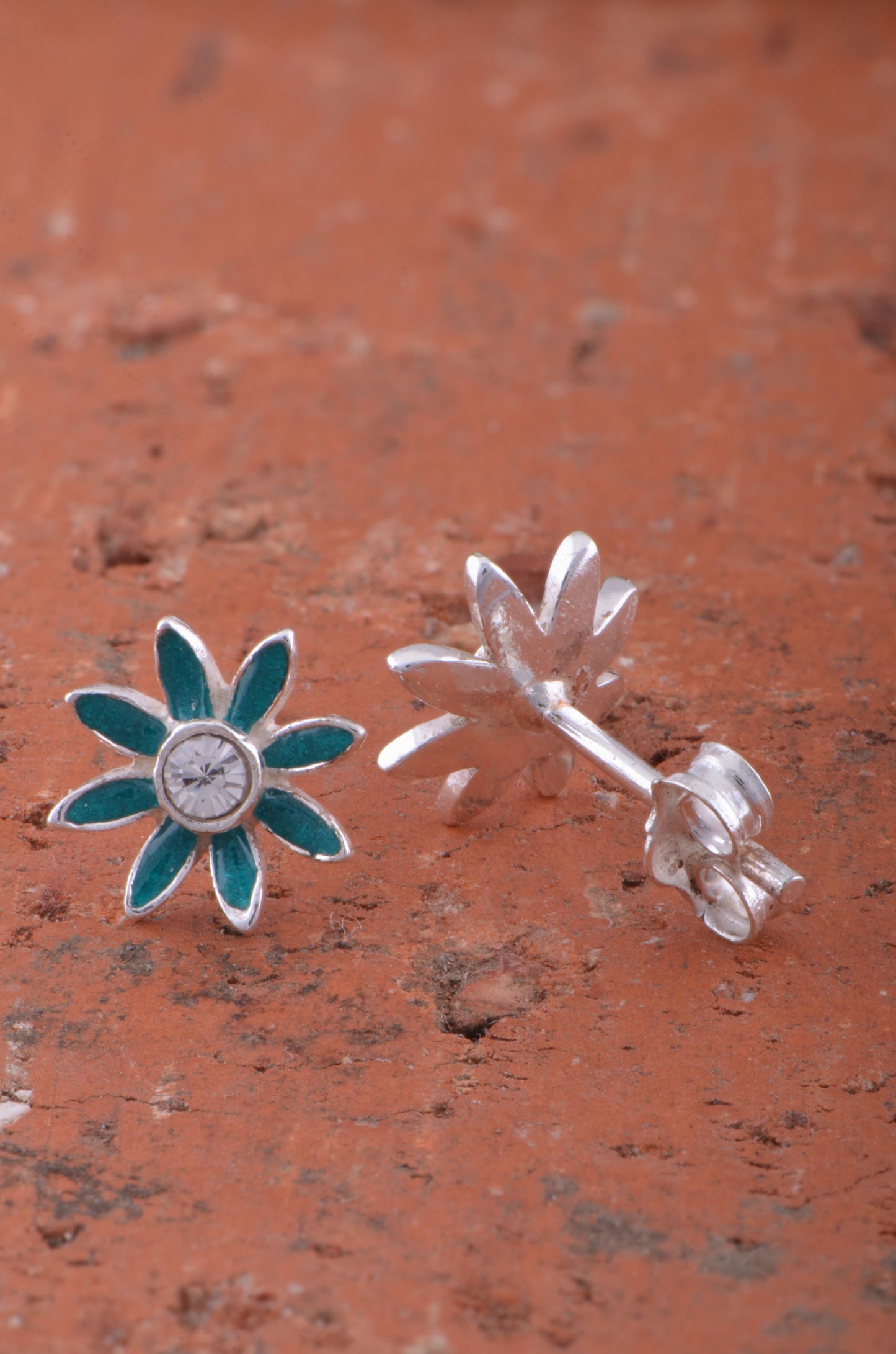 Sterling Silver Dainty Girls  Blue Carnation Flower Stud Earrings